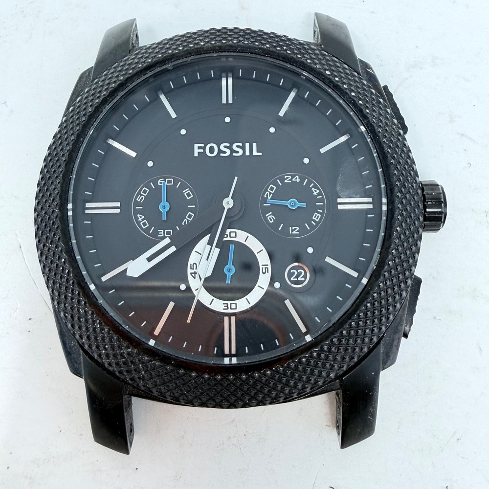 Fossil Foreman FS4887 Men Black Chronograph Watch Head Blue Dial Hands 45mm